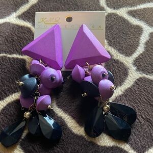 Vintage 80’s Purple Wood and Black Geometric Earrings